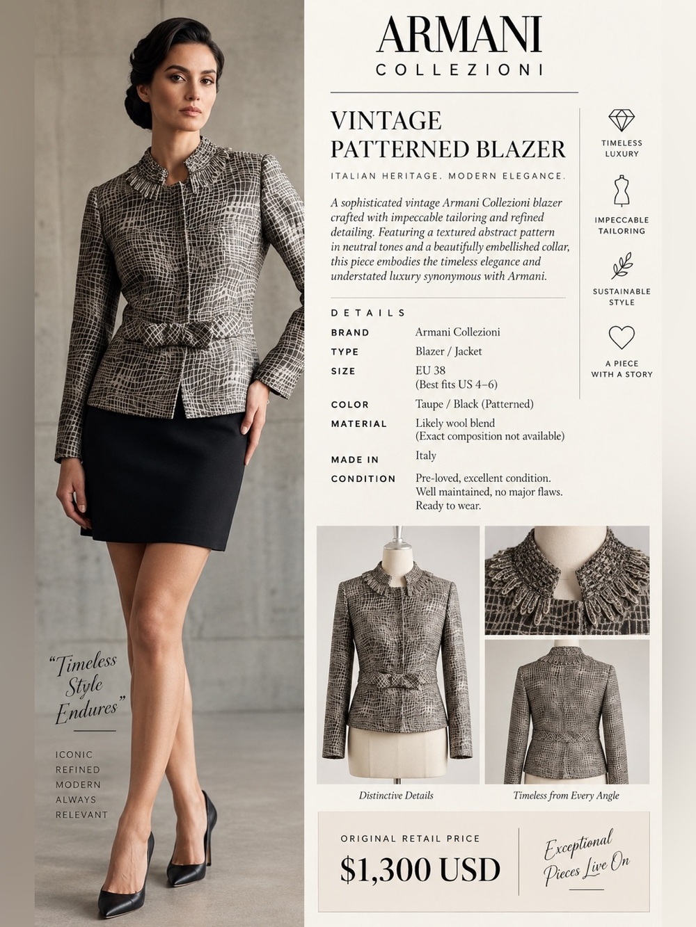 Vintage ARMANI Collezioni Women’s Patterned Peplum Blazer (Retail $1,300 USD)